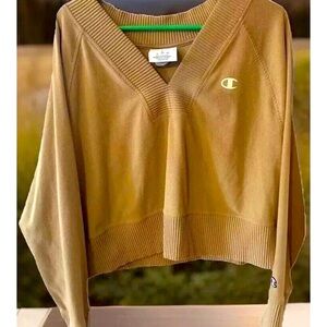 Champion Ribbed Women’s Size Large V-Neck PullOver Cropped sweatshirt Tan